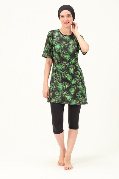 vawensea Women's Half Sleeve Patterned Hijab Swimsuit Green (WIDE SIZE RANGE)