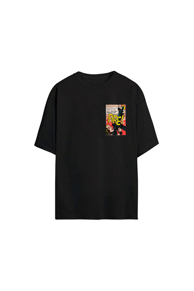 THEWERT Tricou oversize negru unisex Fire Text comic imprimat