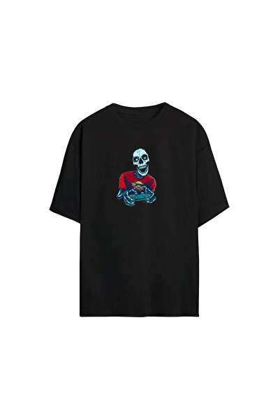 THEWERT Unisex crna Oversize kroj T-shirt - Štampana video igra Skeleton