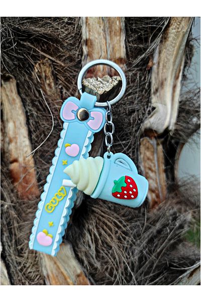 TÜKKAN ACCESSORİES Blue Milkshake Strawberry Detail Keychain Bag And Wallet Ornament