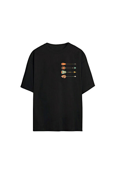 THEWERT Tricou oversize negru cu imprimeu cu patru săgeți unisex