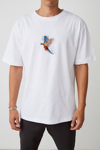 THEWERT Unisex Πολύχρωμο Papagan εμπριμέ λευκό μπλουζάκι Oversize