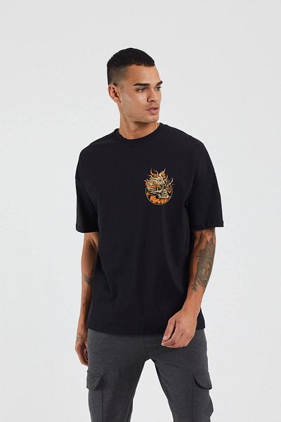 THEWERT Μπλουζάκι Unisex Flaming Skull Printed Μαύρο Oversize