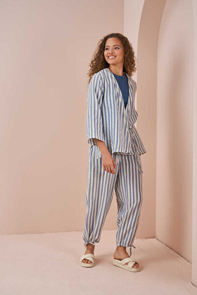 Mevra Double-breasted Kimono Blouse Muslin Pinstripe Blue