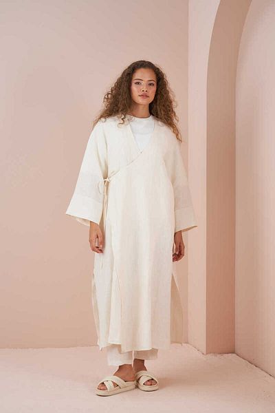 Mevra Long Kimono Linen Jacket Ecru