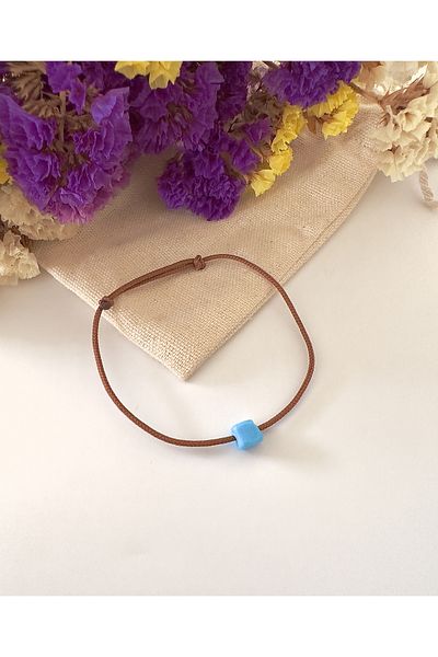 Atelier Çağla Blue Glass Square Cube Bead Brown String Bracelet