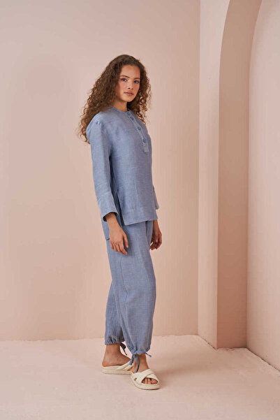 Mevra Muslin Tunic Blue with Slits on the Sides