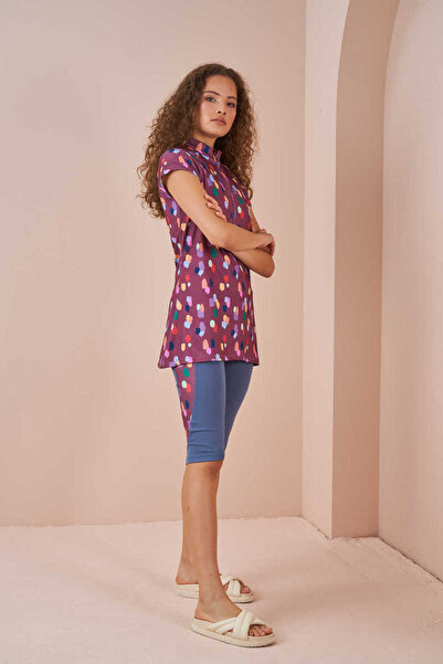 Mevra Oyun Desen Yarı Kapalı Mayo İndigo