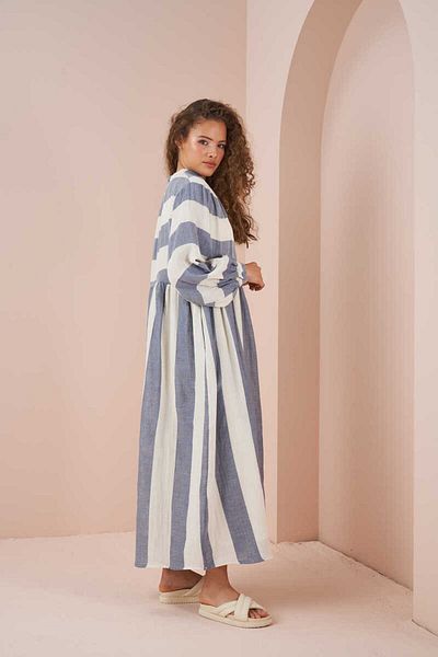 Mevra Gathered Waist Muslin Thick Striped Dress Blue