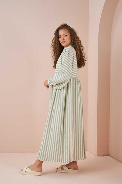 Mevra Green Muslin Thin Striped Drawstring Waist Dress