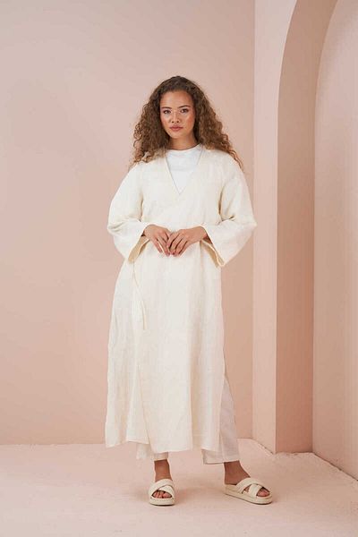 Mevra Long Kimono Linen Jacket Ecru