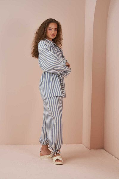 Mevra Lace-up Striped Muslin Shalwar Trousers Blue