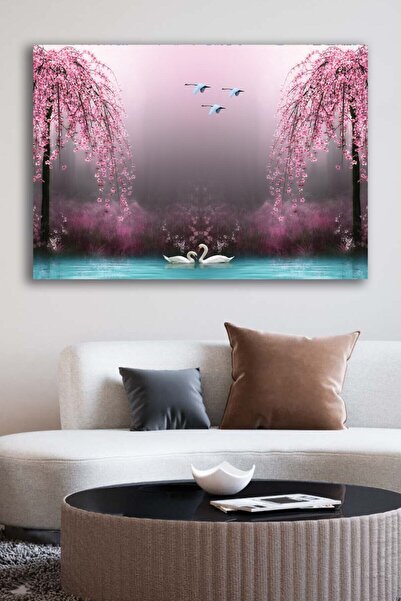 Canvas Table Printed Decorative Swan Lake Pink Flowering Trees Home Office Hotel Decor Gift Table