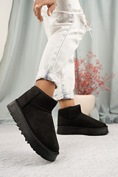 camaiore Mini Siyah Süet Yarım Bot Içi Tüylü Düz Taban Kadın Ayakkabı