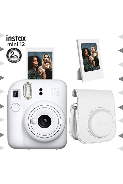 Fujifilm Instax mini 12 Beyaz Fotoğraf Makinesi-Çerçeve ve Deri Kılıf Seti