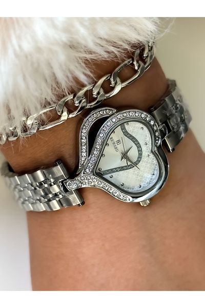 Reward Brand Heart Model Steel Strap and Stone Silver Color Women's Wristwatch i+ Bracelet