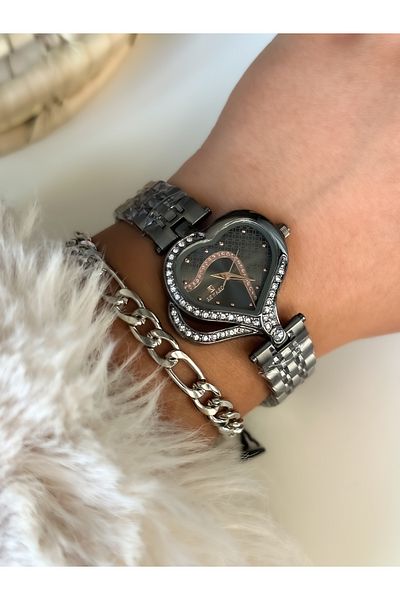 Reward Brand Heart Model Steel Strap and Stone Women's Smoke Color Wristwatch i+ Bracelet