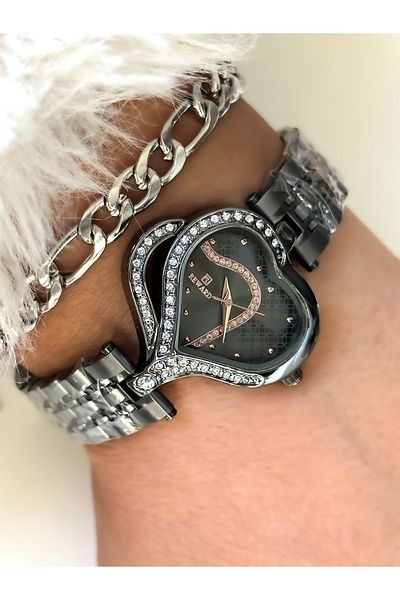 Reward Brand Heart Model Steel Strap and Stone Women's Smoke Color Wristwatch i+ Bracelet