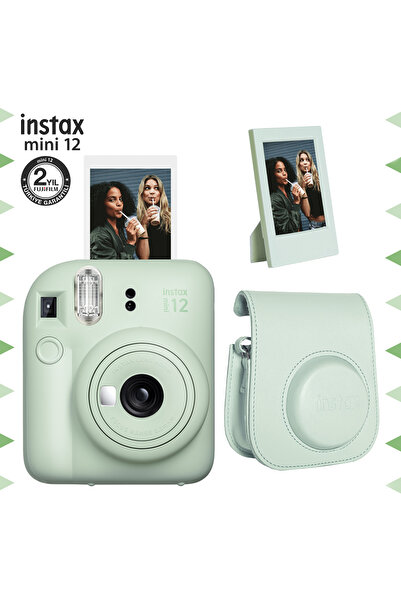 Fujifilm Instax mini 12 Yeşil Fotoğraf Makinesi-Çerçeve ve Deri Kılıf Seti