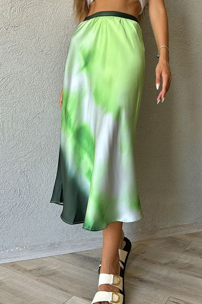 Seda Yalçın Atelier Green Tie-Dye Pattern Satin Skirt with Elastic Waist