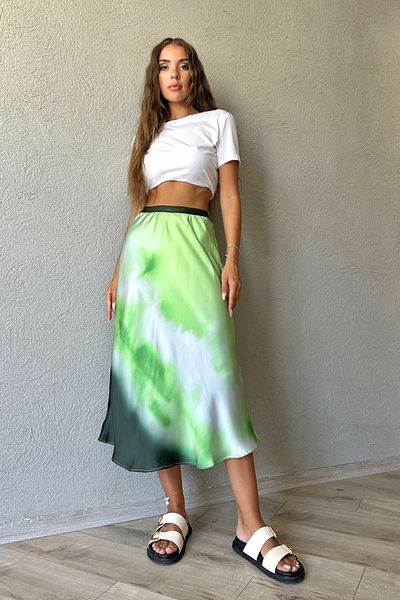 Seda Yalçın Atelier Green Tie-Dye Pattern Satin Skirt with Elastic Waist