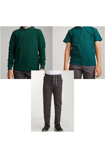 FATELLA Unisex children's school rib waist trousers - dark green short sleeve long sleeve Polo collar t-shirt Triple suit