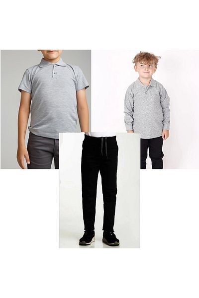 FATELLA Unisex children's school ribbed waist trousers - gray short sleeve long sleeve Polo collar t-shirt 3 piece set