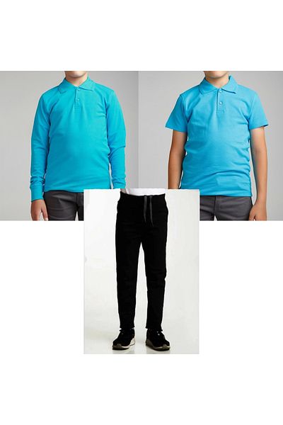 FATELLA Unisex children's school ribbed waist trousers - Turquoise short sleeve long sleeve Polo collar t-shirt 3 piece set