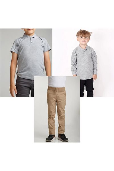 FATELLA Unisex children's school ribbed waist trousers - gray short sleeve long sleeve Polo collar t-shirt 3 piece set