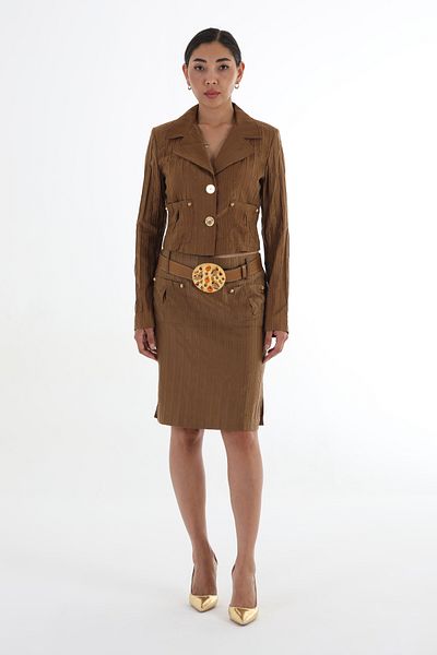 Balizza BLZ-STrip Patterned Leather Belted Skirt with Front Pockets and Slits on the Sides
