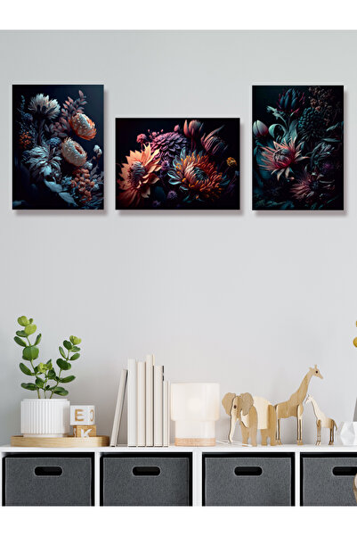 YALOVA SHOP Dekoratif Karanlığa Doğan Çiçekler 3 lü Tablo Seti Gothic Sanat T...