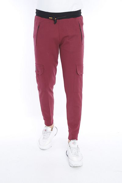NEED LİFE Men's Claret Red Double Cotton Cargo Pocket Sweatpants