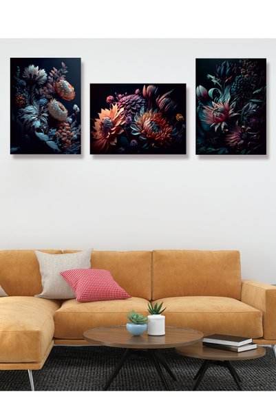 YALOVA SHOP Dekoratif Karanlığa Doğan Çiçekler 3 lü Tablo Seti Gothic Sanat Tarzı