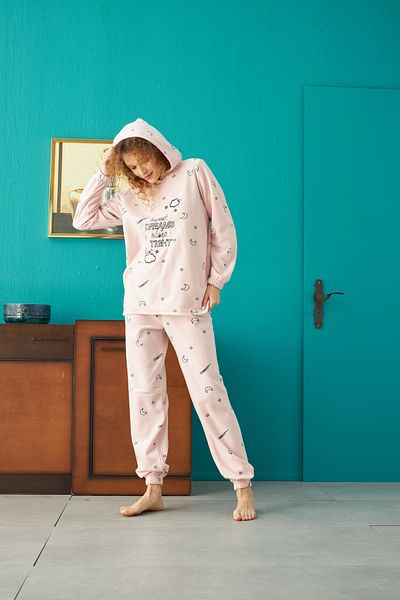 Siyah İnci Bottom-Top Fleece Hooded Embroidered Pajama Set
