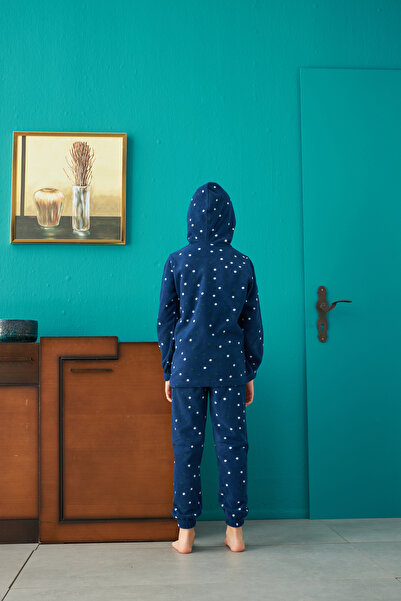 Siyah İnci Bottom-Top Fleece Hooded Embroidered Pajama Set