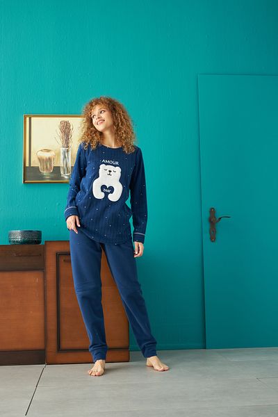 Siyah İnci Bottom-Top Polar Embroidered Pajama Set