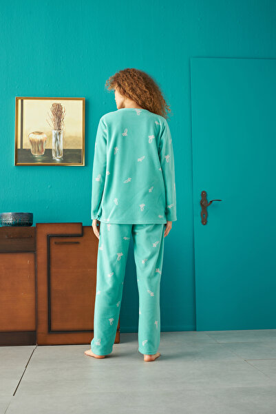 Siyah İnci Alt-Üst Polar Nakışlı Pijama Takım