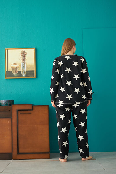 Siyah İnci Bottom-Top Polar Embroidered Curve Plus Size Oversize Pajama Set