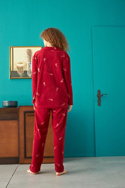 Siyah İnci Bottom-Top Fleece Buttoned Pajama Set
