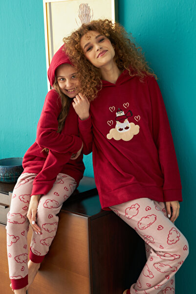 Siyah İnci Bottom-Top Fleece Hooded Embroidered Pajama Set