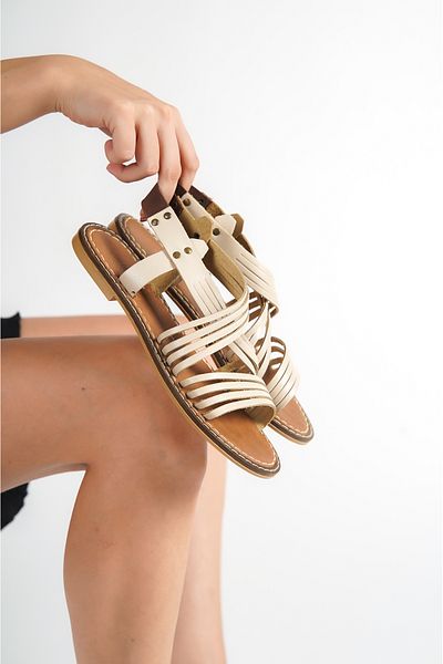 Deripabuc Genuine Leather Beige Women's Leather Sandals Dp28-0863