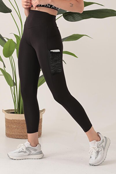ESPİNA Women's Black High Waist Double Pocket Compacting Sports Leggings