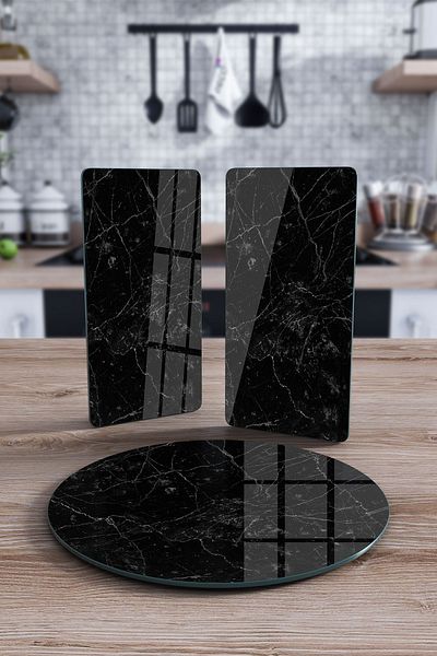 Decovetro Round Set of 3 Glass Presentation Serving Plates - Black Granite Pattern