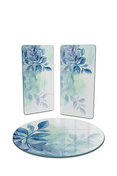 Decovetro Blue Floral Patterned 3-Piece Round Plate Set - Water Color