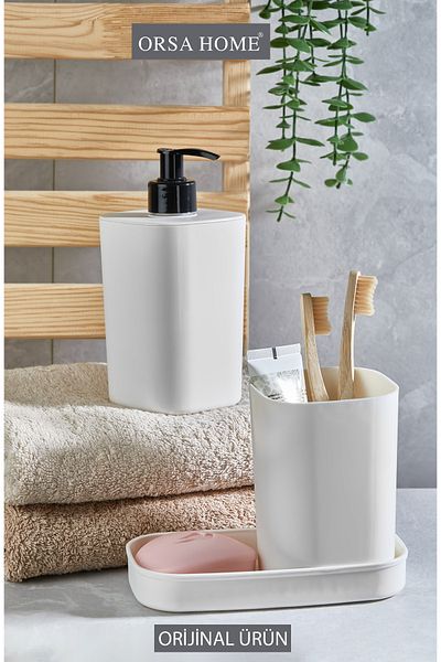 ORSA HOME Λευκό Σετ μπάνιου 3 τεμαχίων Δοχείο σαπουνιού Θήκη οδοντόβουρτσας Δοχείο υγρού σαπουνιού 205