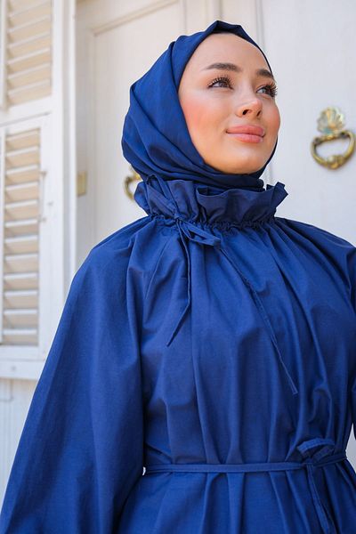 LOCCO Women's Collar Gathered Waist Tied Tunic Navy Blue