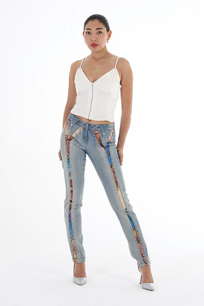 Balizza BLZ-SNAKE LEATHER PATTERN DETAILED POCKETS TRIANGLE DESIGN JEANS