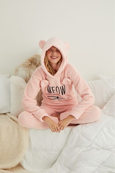 makkash Women's Yellow Meow Patterned Full Plush Pajama Set