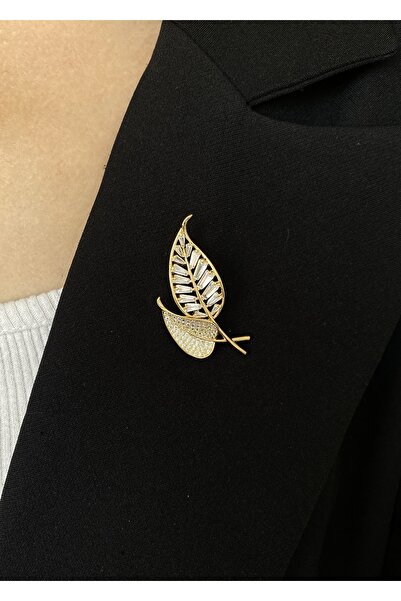 İNN JEWELLERY Kadın Zirkon Taşlı Yaprak Figürlü Gold Renk Broş