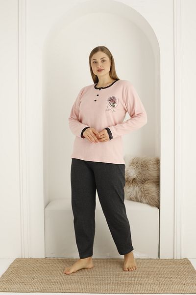 makkash Cotton Pink - Black Plus Size Long Sleeve Floral Pattern Pajama Set